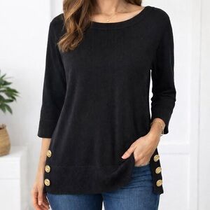 Cable & Gauge Black Sweater Gold Button Split Hem Tunic 3/4 Sleeve L